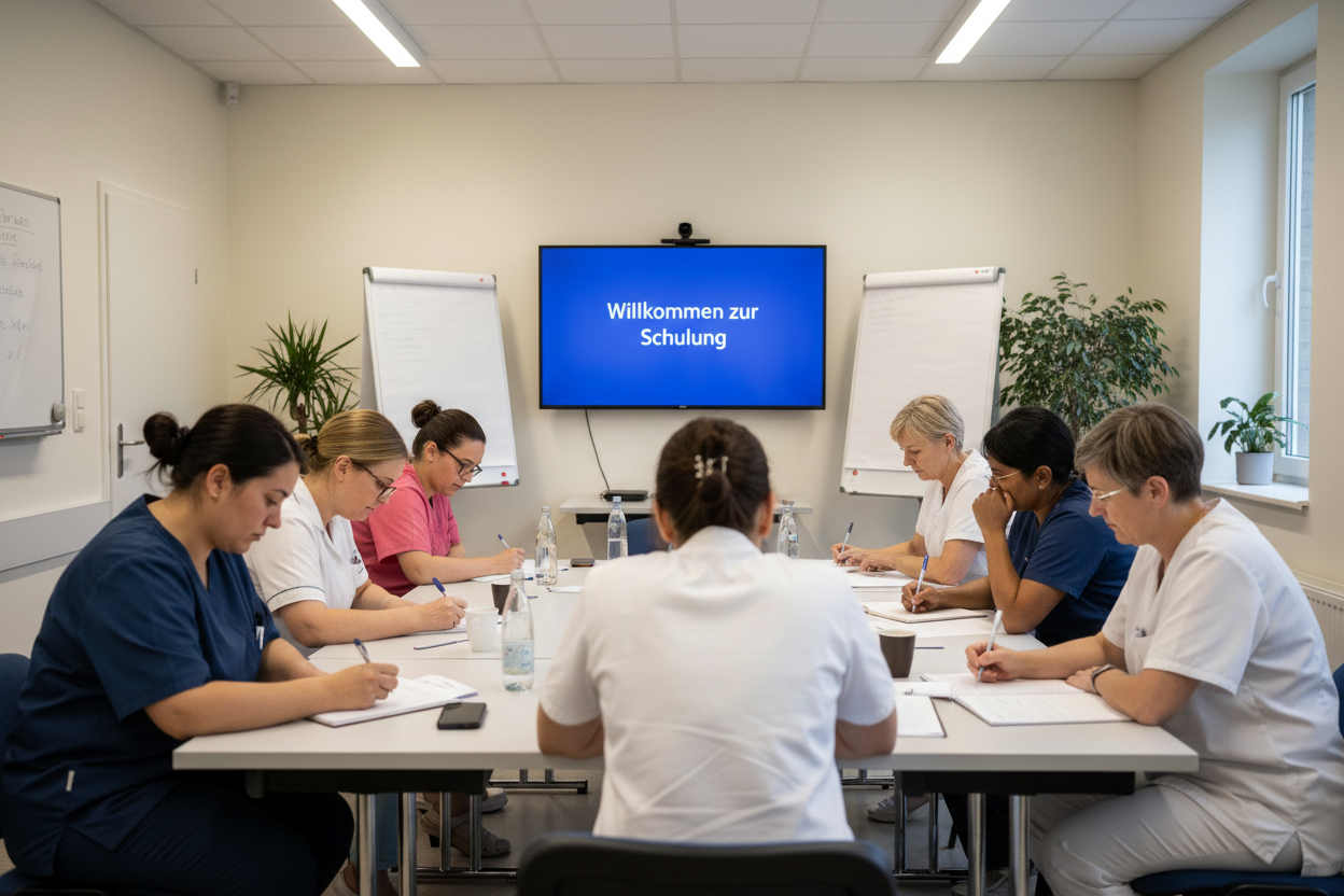 das sollte weniger perfekt aussehen, etwas natürlicher, die. Betreuungskräfte sollten alle weiblich und diverser sowie weniger hübsch aussehen, auf dem TV soll nur sowas wie Willkommen zur Schulung stehen